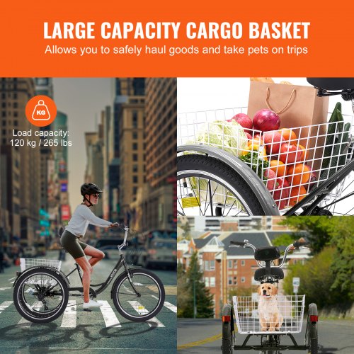 Adult Tricycles Bike 7 Speed Trikes 24 Inch Threewheeled Bicycles Carbon Steel