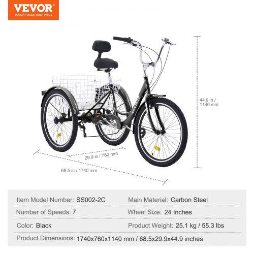 Adult Tricycles Bike 7 Speed Trikes 24 Inch Threewheeled Bicycles Carbon Steel