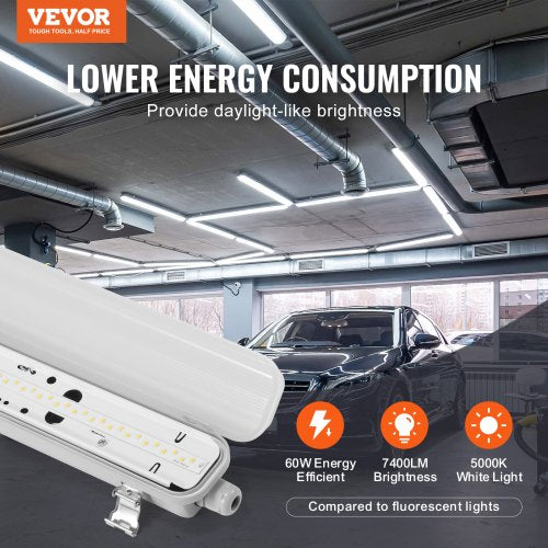 4FT LED Vapor Tight Light 60W 7400LM Vapor Proof Light Fixture with 5000K