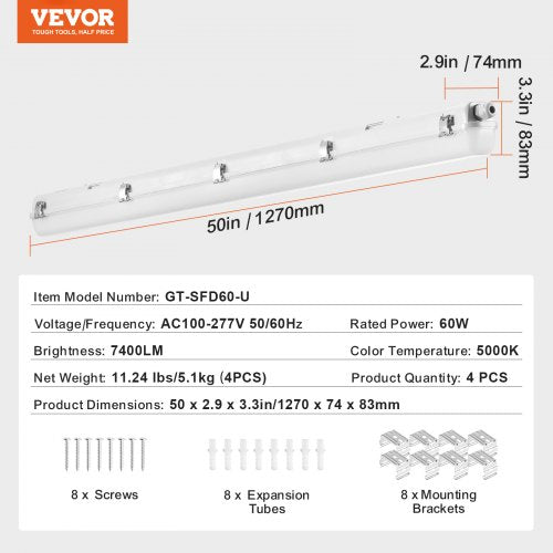 4FT LED Vapor Tight Light 60W 7400LM Vapor Proof Light Fixture with 5000K