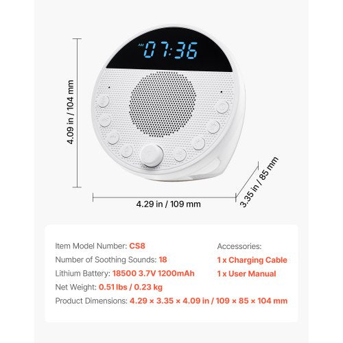 Sound Machine 18 Soothing Sleep Sounds And 7Color Night Light 5In1 White Noise