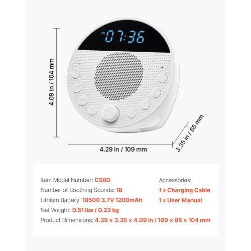 Sound Machine 18 Soothing Sleep Sounds 7Color Night Light 6In1 White Noise