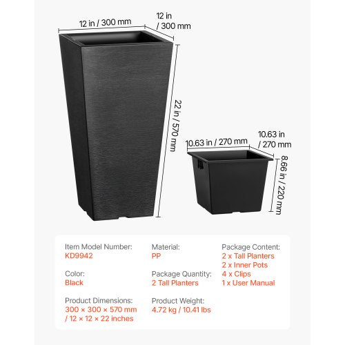 Set of 2 Tall Outdoor Planters 22inch Large Planters For Outdoor Indoor