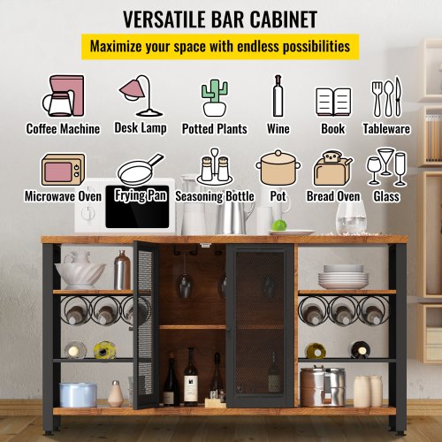 Industrial Bar Cabinet 55 Inch Rustic Oak 330 LBS Wine Table for Liquor