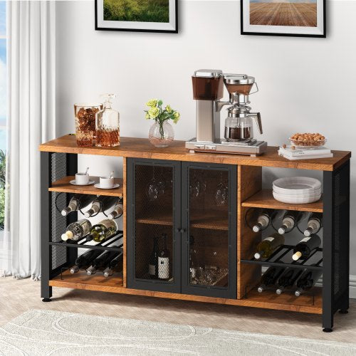 Industrial Bar Cabinet 55 Inch Rustic Oak 330 LBS Wine Table for Liquor