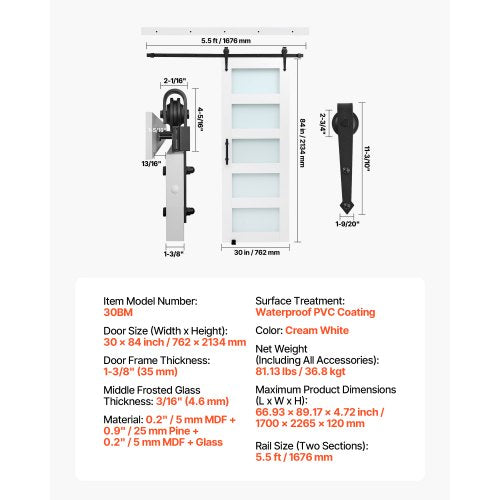 Sliding Barn Door 30 X 84 Inch Highstrength Mdf Panel And Glass With Hardware