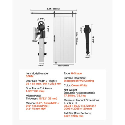 Sliding Barn Door 36 X 84 Inch Highstrength Mdf Panel With Hardware Kit