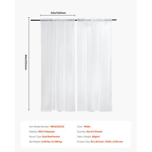 Sheer Curtains 84 inches Long 2 Panels Set Sheer White Curtains Each 52