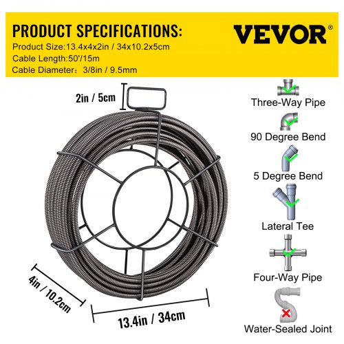 Drain Cleaning Cable 50 Feet x 38 Inch Solid Core Cable Sewer Cable Drain