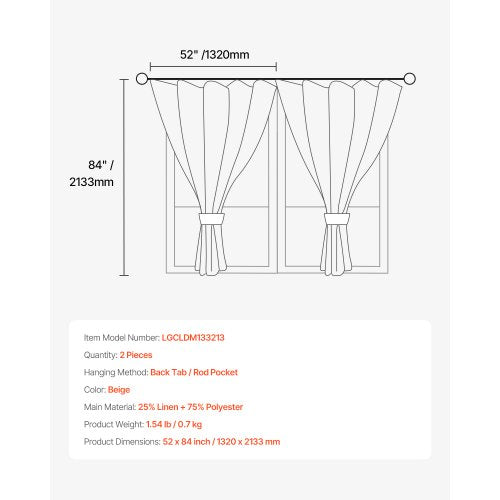 Natural Linen Curtains 52 x 84 inch 2 Panels Set Semi Sheer Light