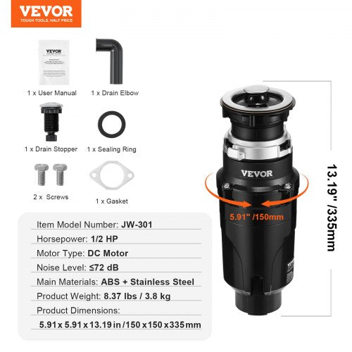 Garbage Disposal 12HP 3450RPM Continuous Feed Food Waste Disposer EZ