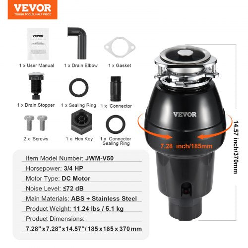 Garbage Disposal 34 HP 3260RPM Continuous Feed Food Waste Disposer 3Bolt