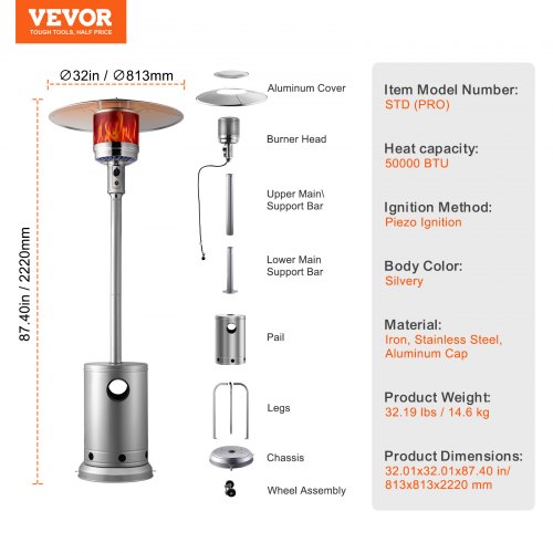 Propane Patio Heater 50000BTU Tall Hammered wRound Table Outdoor Silver – 19 L