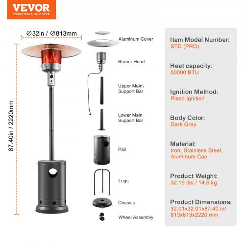 Patio Heater for Outdoor Use 50000BTU Propane Heater Tall Hammered With Round