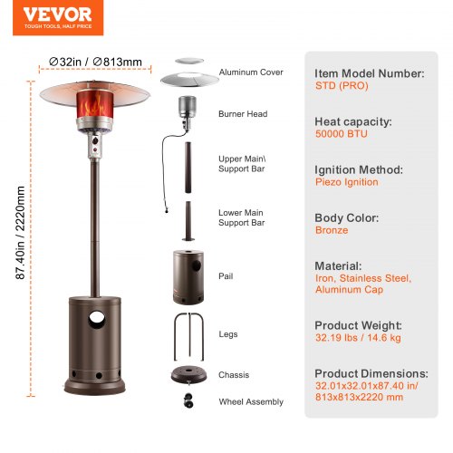 Patio Heater for Outdoor Use 50000BTU Propane Heater Tall Hammered With Round