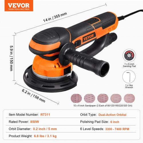 Random Orbital Sander 6Inch DA GA Dual Action Orbital Sander 850W