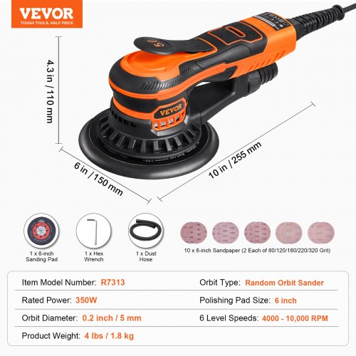 Random Orbital Sander 6Inch 350W Brushless Orbital Sander 10000 PRM 6