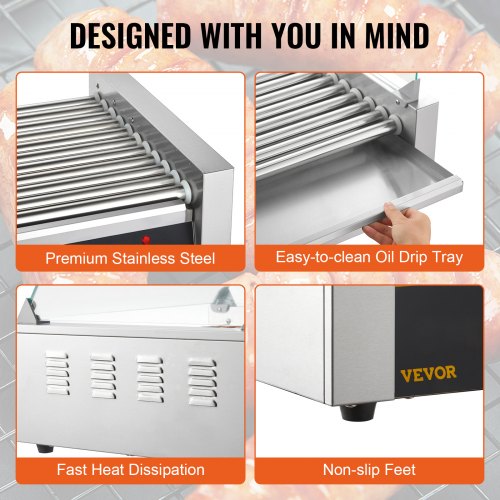 Hot Dog Roller 11 Rollers 30 Hot Dogs Capacity 1650W Stainless Sausage