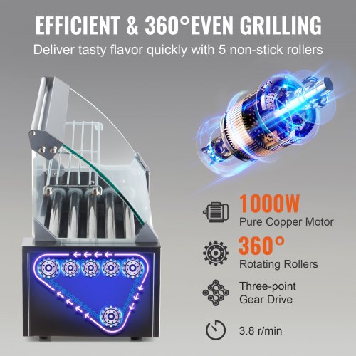Hot Dog Roller 5 Rollers 12 Hot Dogs Capacity 750W Stainless Sausage Grill