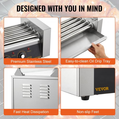 Hot Dog Roller 5 Rollers 12 Hot Dogs Capacity 750W Stainless Sausage Grill