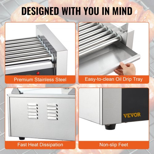Hot Dog Roller 7 Rollers 18 Hot Dogs Capacity 1050W Stainless Sausage Grill