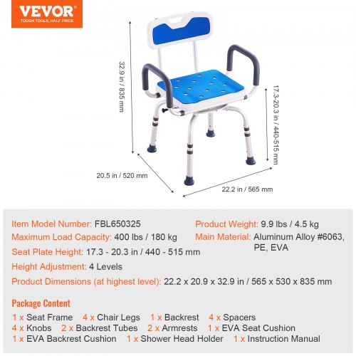 Swivel Shower Chair 360 Degree Adjustable Shower Seat with Armrests