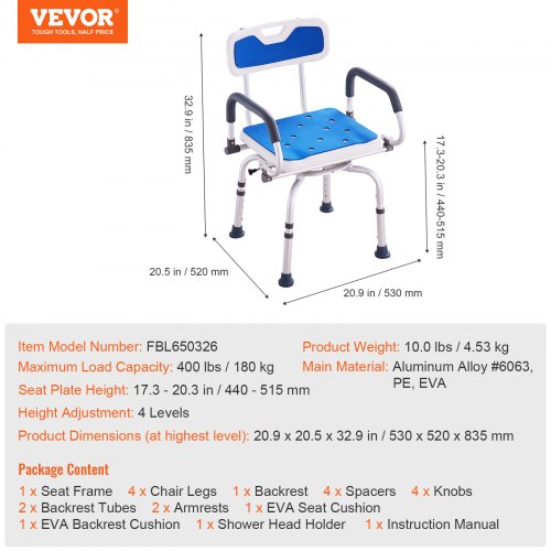 Swivel Shower Chair 360 Degree Adjustable Shower Seat with Pivoting Arms