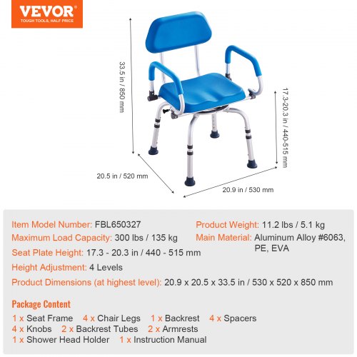 Swivel Shower Chair 360 Degree Adjustable Shower Seat with Pivoting Arms