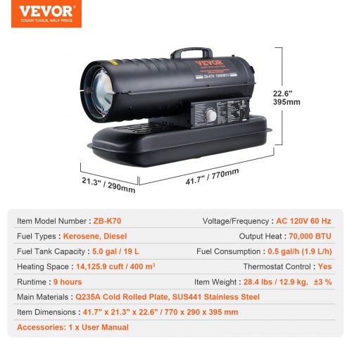 Kerosene Forced Air Heater 70000 BTU Portable Torpedo Diesel Space Heater