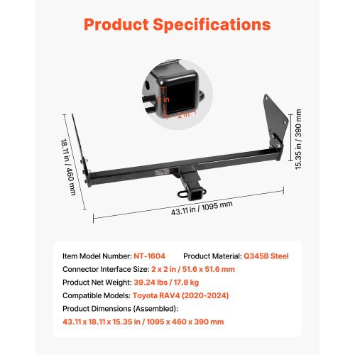 Class 3 Trailer Hitch 2Inch Receiver 6000 Lbs Q345B Steel Tube Frame