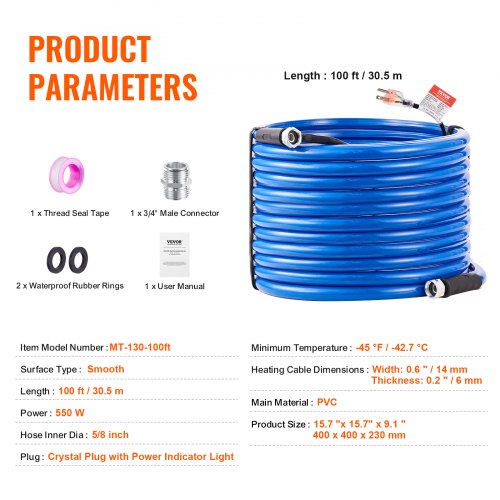 100ft Heated Water Hose for RV Heated Drinking Water Hose Antifreeze to 45°F