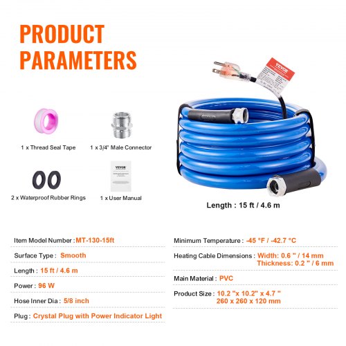 15ft Heated Water Hose for RV Heated Drinking Water Hose Antifreeze to 45°F