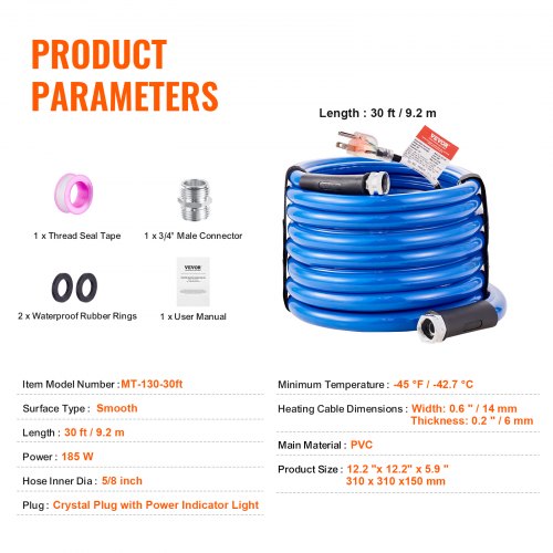 30ft Heated Water Hose for RV Heated Drinking Water Hose Antifreeze to 45°F