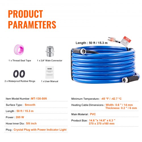 50ft Heated Water Hose for RV Heated Drinking Water Hose Antifreeze to 45°F