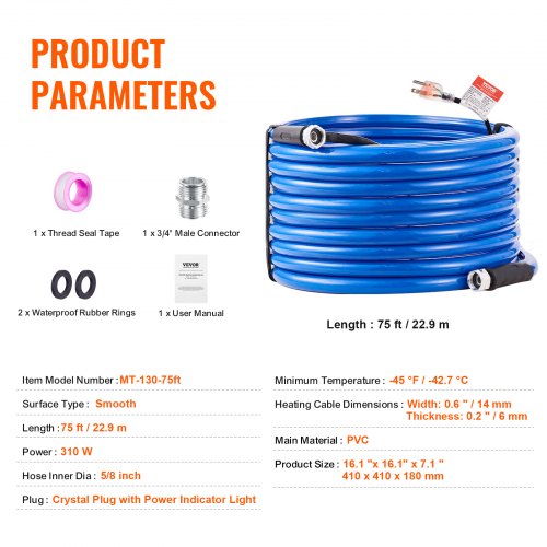 75ft Heated Water Hose for RV Heated Drinking Water Hose Antifreeze to 45°F