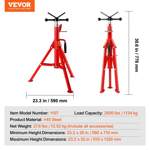 V Head Pipe Stand Adjustable Height 2852 Inch Pipe Jack Stands 2500 LB