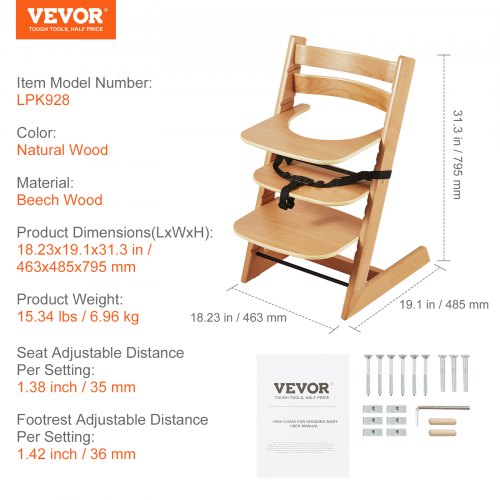 Wooden High Chair for Babies Toddlers Convertible Adjustable Feeding
