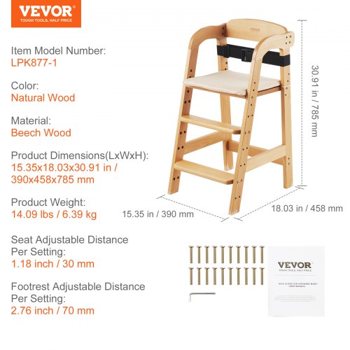 Wooden High Chair for Babies Toddlers Convertible Adjustable Feeding