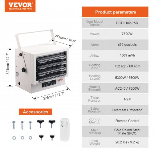 Electric Garage Heater 7500Watt Digital FanForced WallCeiling Mount Shop