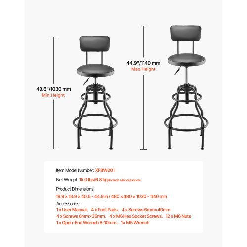 Shop Stool with Backrest Pneumatic Garage SeatWork Stool with 300 lbs