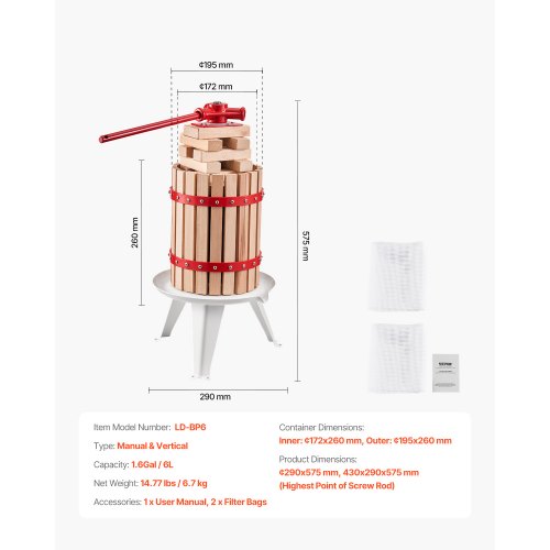 16 Gal6L Fruit Wine Press Solid Wood Basket with 8 Blocks Heavy Duty