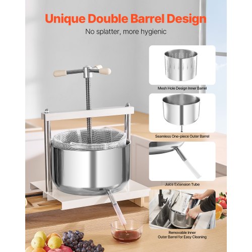 317 Gal12L Fruit Wine Press 2 Stainless Steel Barrels Manual Juice