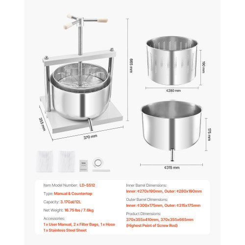 317 Gal12L Fruit Wine Press 2 Stainless Steel Barrels Manual Juice