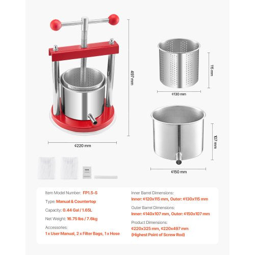 044 Gal165L Fruit Wine Press 2 Stainless Steel Barrels Manual Juice