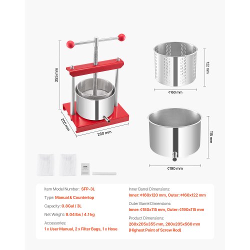 08 Gal3L Fruit Wine Press 2 Stainless Steel Barrels Manual Juice Maker