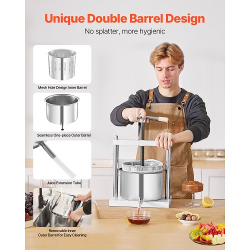 145 Gal5L Fruit Wine Press 2 Stainless Steel Barrels Manual Juice Maker