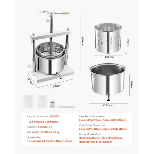 145 Gal5L Fruit Wine Press 2 Stainless Steel Barrels Manual Juice Maker