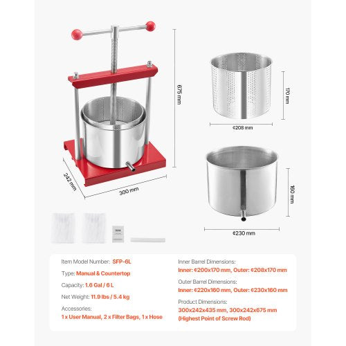 16 Gal6L Fruit Wine Press 2 Stainless Steel Barrels Manual Juice Maker