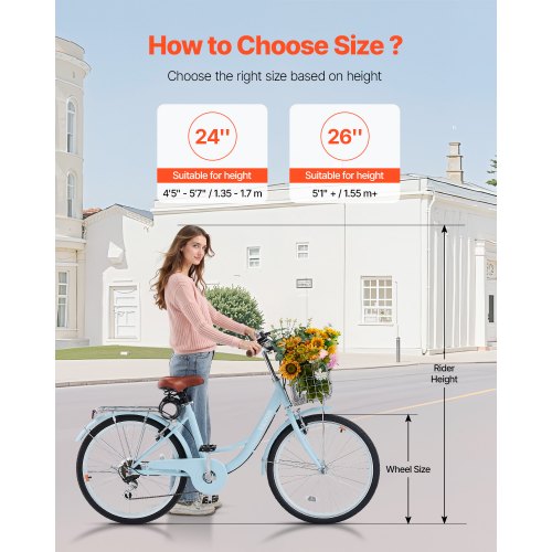 Cruiser Bike 7Speed 24Inch Light Blue Beach With Large Capacity Basket And