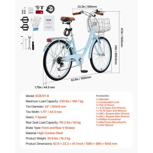 Cruiser Bike 7Speed 24Inch Light Blue Beach With Large Capacity Basket And